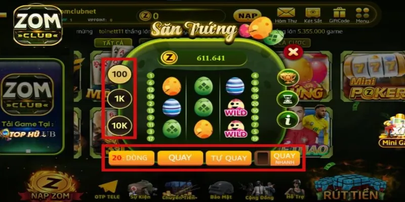 Nút quay tự động trong săn trứng ZOMCLUB