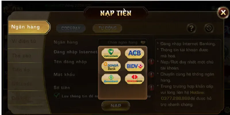 Nạp tiền qua banking